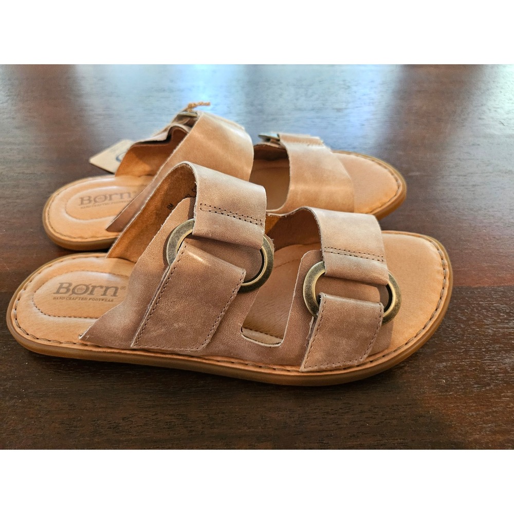 Born Slide Sandals Womens 8M Tan Leather Double Strap O-Ring BR0034202